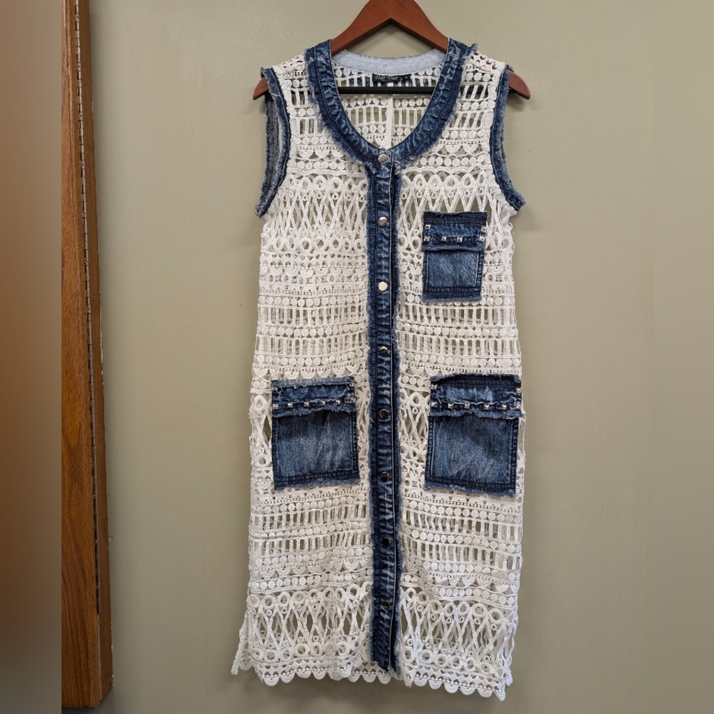 Dor Dor Couture Denim Crochet Silver Stud Accent Long Pocket Vest Large - Picture 2 of 7